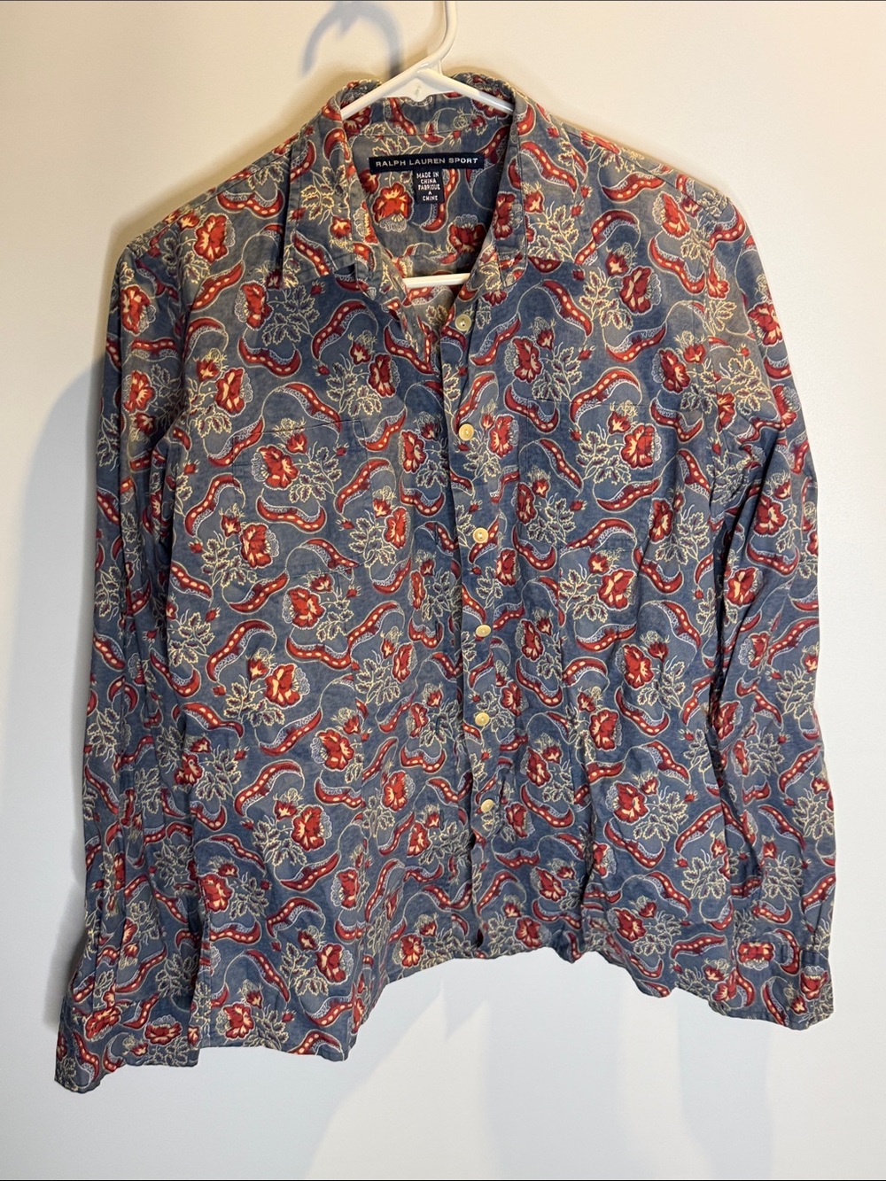 Ralph Lauren Blue Button-Down Shirt with Red & Cream Floral Print Sie: 8